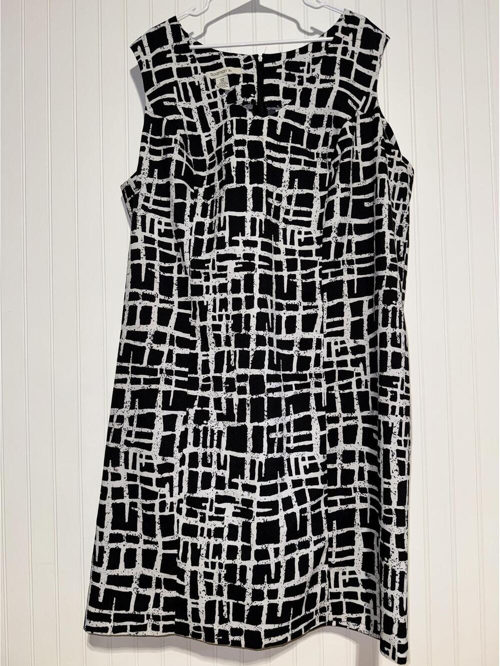 Roamans Black White Grid Shift Dress Sleeveless Zip Back Plus Size 24W